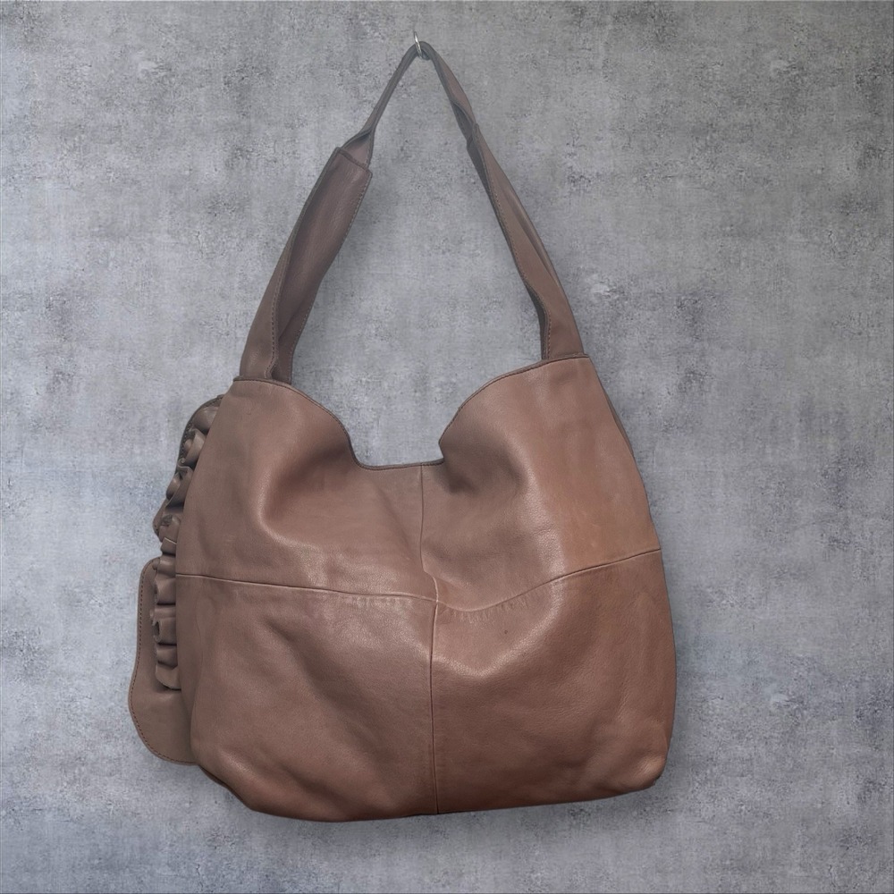 Anthropologie Miss Albright Leather Hobo Shoulder Bag Ruffle Detail‎ Mauve Brown
